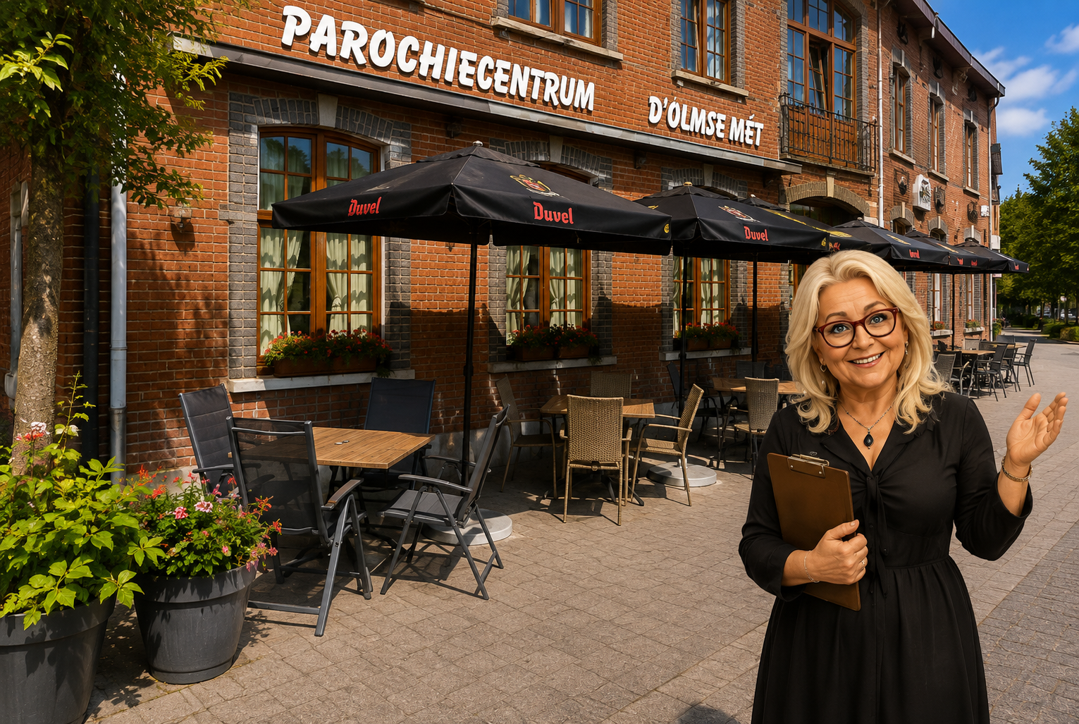 Parochiecentrum D'Olmse Mét met terras en Marianne